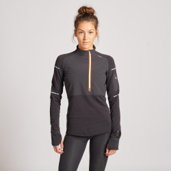 TEE SHIRT RUNNING MANCHES LONGUES HIVER FEMME KIPRUN WARM REGUL NOIR CORAIL